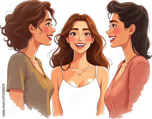 Three diverse women smiling and talking together in a watercolor style illustration