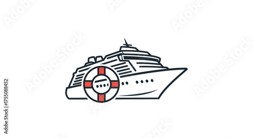 Cruise Ship with Lifebuoy Line Art Illustration for Travel and Safety.