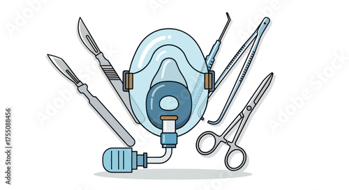 Medical Mask and Surgical Instruments Illustration.