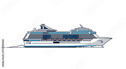 A detailed side view illustration of a large blue and white passenger cruise ship.