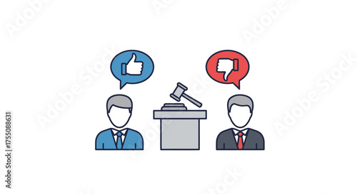 Two businessmen with opposing opinions a gavel on a podium and speech bubbles with thumbs up and down icons.