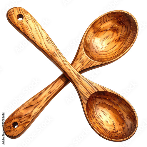 Two wooden spoons, crossing over each other, rendered with detailed textures and lighting