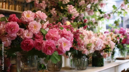 Wallpaper Mural A variety of vibrant pink roses arranged in glass vases fills a charming flower shop. The warm sunlight enhances the beauty of each flower creating a serene atmosphere. Torontodigital.ca