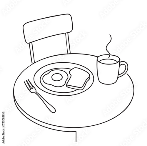 line sketch minimal breakfast for one person on table on white background