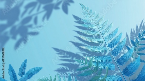   Blue leaves in focus against light blue background Shadows on the left side