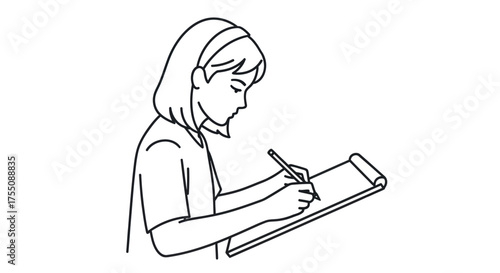 Woman drawing or writing on a clipboard with a pen line art illustration.
