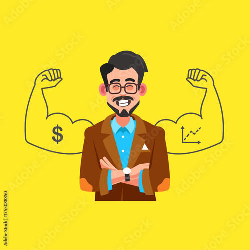 Self-evaluation in business. A man on a yellow background crossed his arms. Modern flat style vector illustration clipart