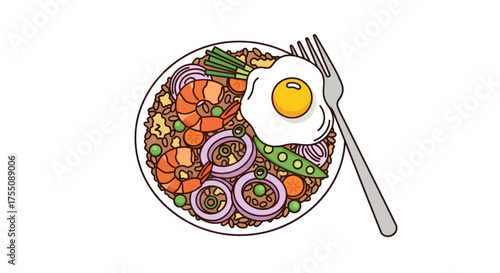 Delicious Seafood Fried Rice with Egg and Vegetables on a Plate.