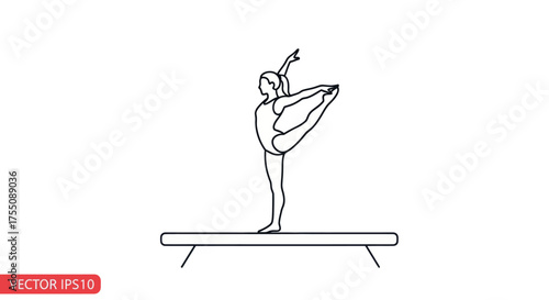 Line art illustration of a female gymnast performing a flexible pose on a balance beam.