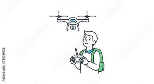 Man operating a drone with a remote control wearing a backpack.