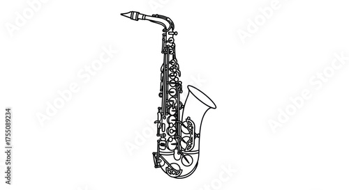Detailed Line Art Illustration of a Silver Saxophone with Keys and Bell.