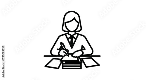 Simple Line Drawing of a Businesswoman Writing at Desk.