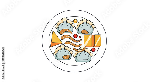 Delicious Steamed Dumplings and Savory Sides on a Plate.