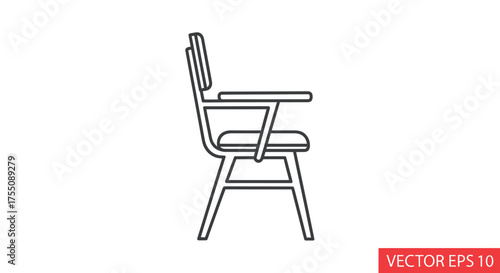 Simple outline icon of a student desk chair with attached writing tablet side view illustration.