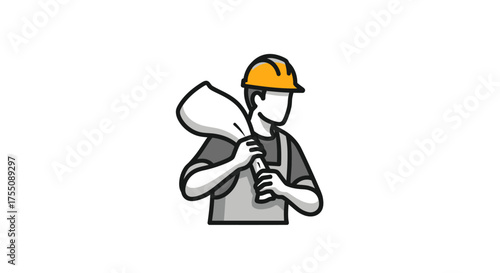 Cartoon Construction Worker with Yellow Hard Hat and Sack on Shoulder.