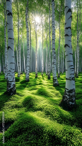 Sunlit birch trees glowing through vibrant green forest Images
