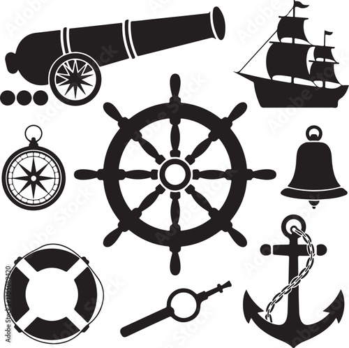 Nautical elements vector silhouette illustration with ship wheel and anchor