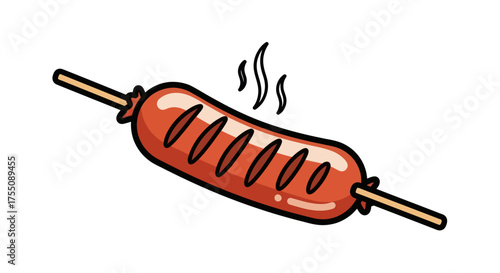 Grilled Sausage Skewer with Steam Cartoon Style.