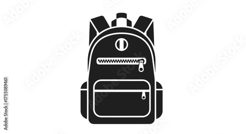 Black Backpack Icon with Zippered Compartments and Padded Straps.