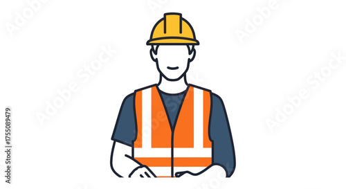 Construction Worker Illustration with Yellow Hard Hat and Orange Safety Vest.