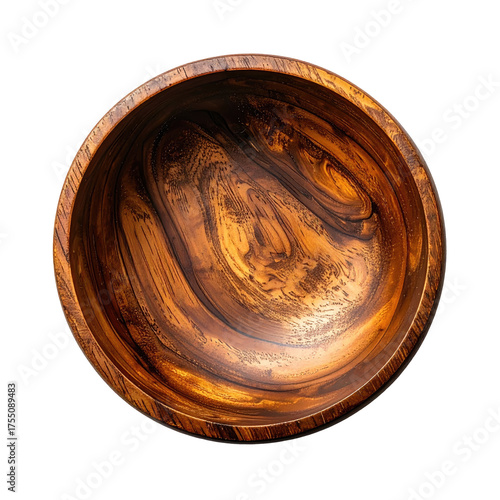 Overhead shot of a polished, wooden bowl with swirling grain, set against a black background