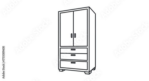 Simple Line Art Drawing of a Wooden Wardrobe with Doors and Drawers.
