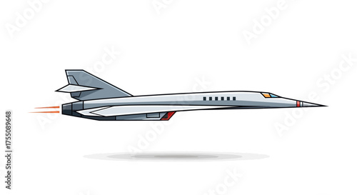 A sleek illustrated supersonic passenger jet resembling a Concorde flying at high speed with afterburners engaged.