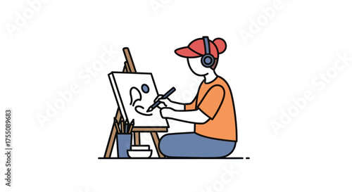 Person wearing headphones painting on an easel with a brush.