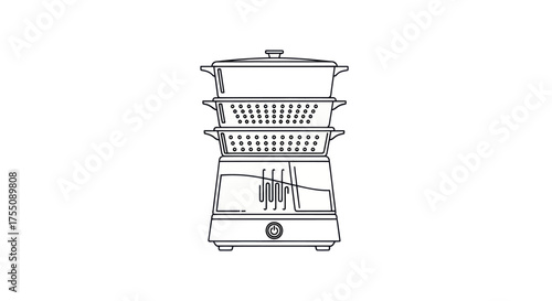 A simple black and white line art illustration of a multi-tiered electric food steamer appliance.