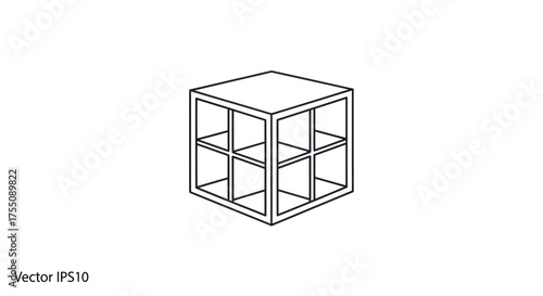 A 3D geometric cube frame divided into a grid of smaller compartments depicted in a minimalist line art style.