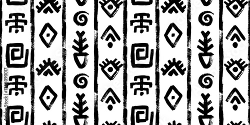 Ethnic seamless vector drawing with vertical lines, swirl, tropical fish bone and traditional eye motifs. Handcrafted wallpaper design using brown and beige wax crayon, charcoal, ink brush strokes