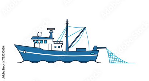 Blue Fishing Boat with Net on Water Cartoon Illustration.