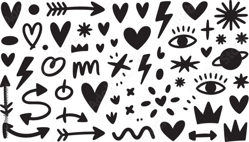 Black hand drawn doodle icons hearts arrows lightning bolts stars eyes crowns planet black and white