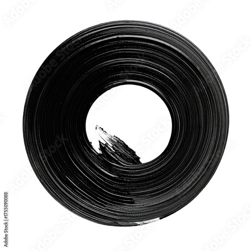 Concentric, grayscale brushstrokes form a circular shape against a black background