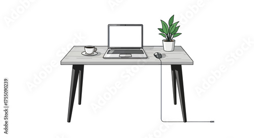 Modern Desk with Laptop Coffee Cup and Plant Illustration.