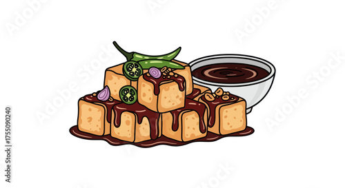 Fried Tofu Cubes with Savory Sauce and Green Chili Garnish.