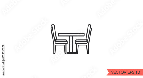 Simple Line Art Icon of a Square Table with Two Chairs.