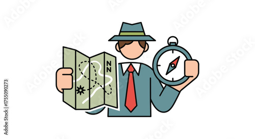 Cartoon Detective Holding Map and Compass for Navigation.