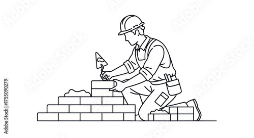 Line art illustration of a construction worker laying bricks with a trowel wearing a hard hat.