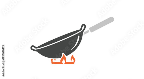 Wok Frying Pan on Gas Flame Icon Illustration.