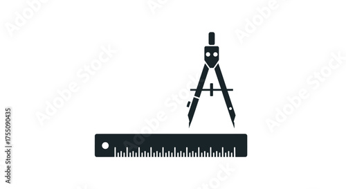 Black Silhouette Drawing Compass and Ruler Geometry Tools Icon.