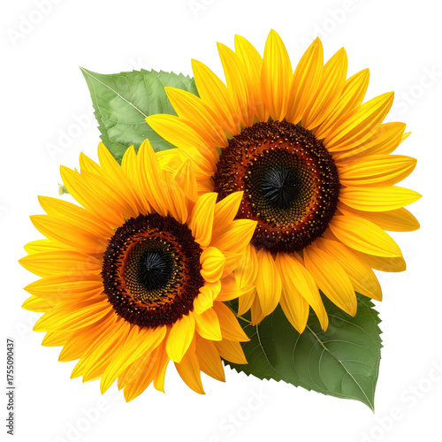 Close-up of two vibrant sunflowers with green leaves against a black background