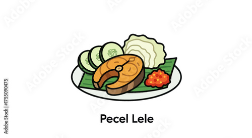 Illustration of a plate with fish cucumber slices cabbage and chili paste.