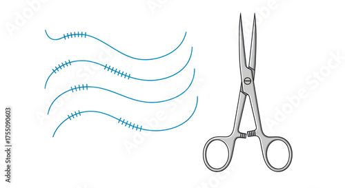 Surgical Scissors and Suture Threads Medical Instruments Close-up.