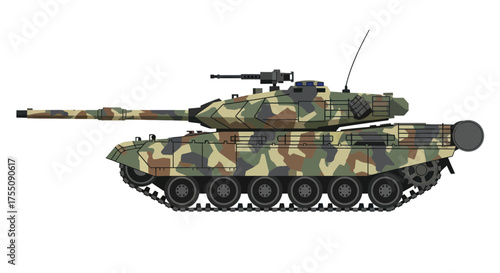 Modern Camouflaged Main Battle Tank with Long Cannon and Turret.