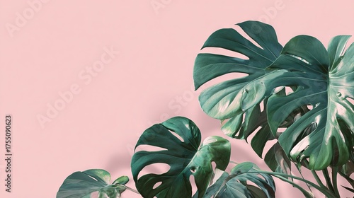   A detailed photo of a green plant set against a pink backdrop, flanked by two more green plants