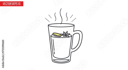 Steaming Hot Beverage in a Tall Glass Mug with Spices.