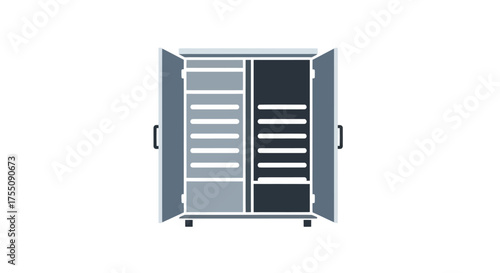 Open Two-Door Storage Cabinet with Shelves and Handles.