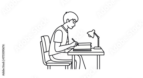 Line Art Illustration of a Young Man Studying at a Desk with a Lamp.