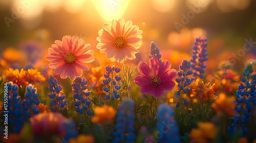 Vibrant spring wildflowers blooming under golden sunset light images